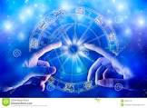 Two hands pointing to each other in front of blue and white zodiac circle